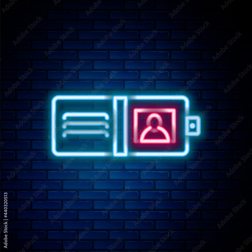 Glowing neon line Wallet icon isolated on brick wall background. Purse icon. Cash savings symbol. Colorful outline concept. Vector Glowing neon line Wallet icon isolated on brick wall background. Purse icon. Cash savings symbol. Colorful outline concept. Vector