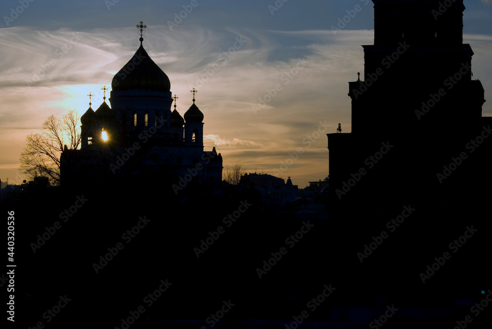 Moscow Kremlin and Christ Redeemer cathedral silhouette. Color photo