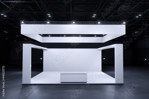 Exhibition standing for mockup and Corporate identity ,Display.Empty booth Design.Retail booth design elements in Exhibition hall.booth Design trade show.Booth system of Graphic Resources.3d render. photo