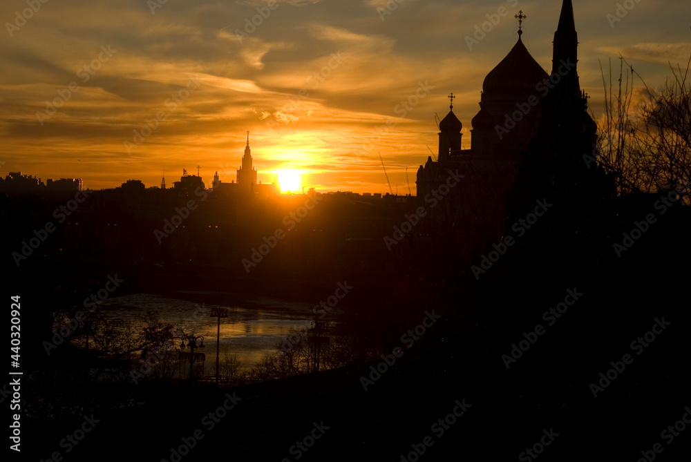 Moscow Kremlin and Christ Redeemer cathedral silhouette. Color photo