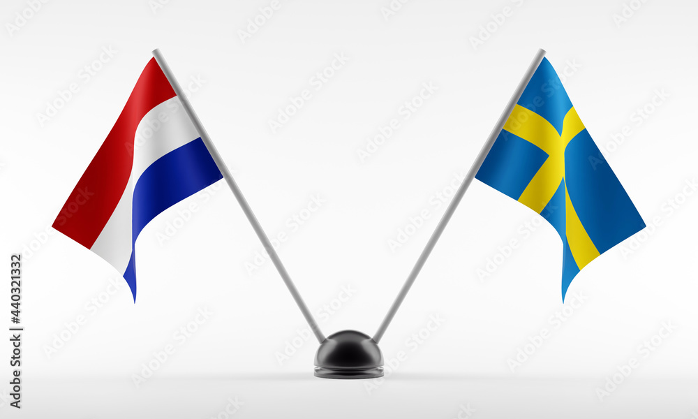 Stand with two national flags. Flags of Netherlands and Sweden. Isolated on a white background. 3d rendering Stand with two national flags. Flags of Netherlands and Sweden. Isolated on a white background. 3d rendering
