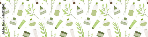 Seamless pattern with natural organic herbs and apothecary bottles. Homeopathy, naturopathy. Complementary, alternative, integrative, holistic medicine. Vector flat cartoon illustration