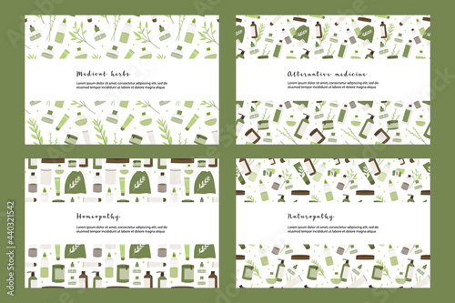 Set of labels: apothecary bottles and leaves. Natural organic herb. Homeopathy, naturopathy. Alternative, holistic medicine. Vector flat cartoon illustration. Perfect for banner, brochure, flyer