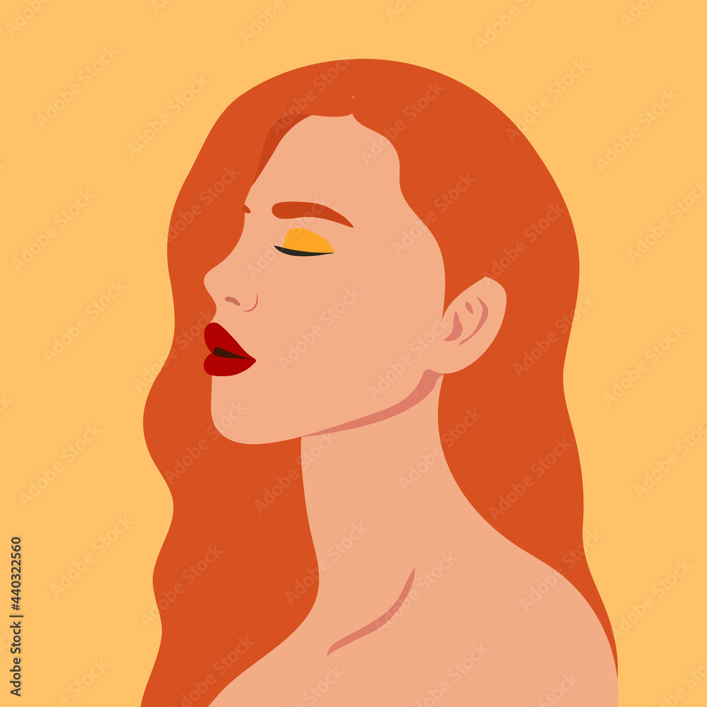 Portrait of a beautiful woman in profile. Woman with red hair. Social media avatar. Minimalistic portrait. Flat style. Vector. Portrait of a beautiful woman in profile. Woman with red hair. Social media avatar. Minimalistic portrait. Flat style. Vector.
