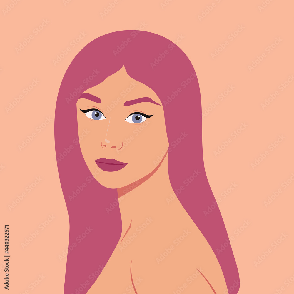 Portrait of a beautiful woman. Woman with purple hair. Social media avatar. Minimalistic portrait. Flat style. Vector. Portrait of a beautiful woman. Woman with purple hair. Social media avatar. Minimalistic portrait. Flat style. Vector.