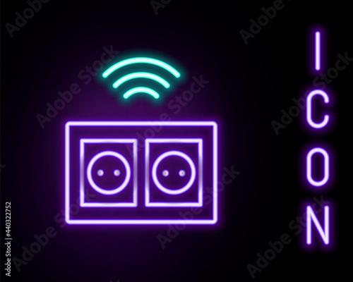 Glowing neon line Smart electrical outlet system icon isolated on black background. Power socket. Internet of things concept with wireless connection. Colorful outline concept. Vector