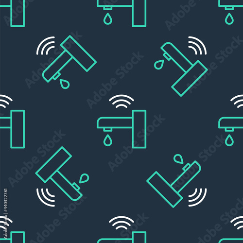 Line Smart water tap system icon isolated seamless pattern on black background. Internet of things concept with wireless connection. Vector