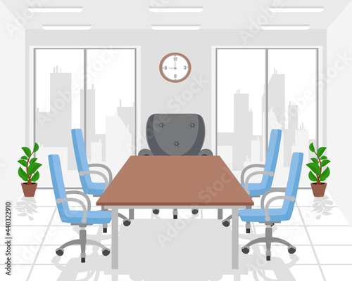 Office, meeting workspace with boss chair and large windows.