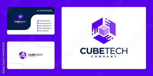 Cube technology logo design inspiration, hexagon concept, with business card
