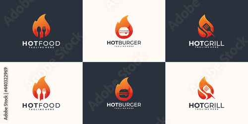 Hot Food logo designs, Food Restaurant logo, Fire logo, burger logo