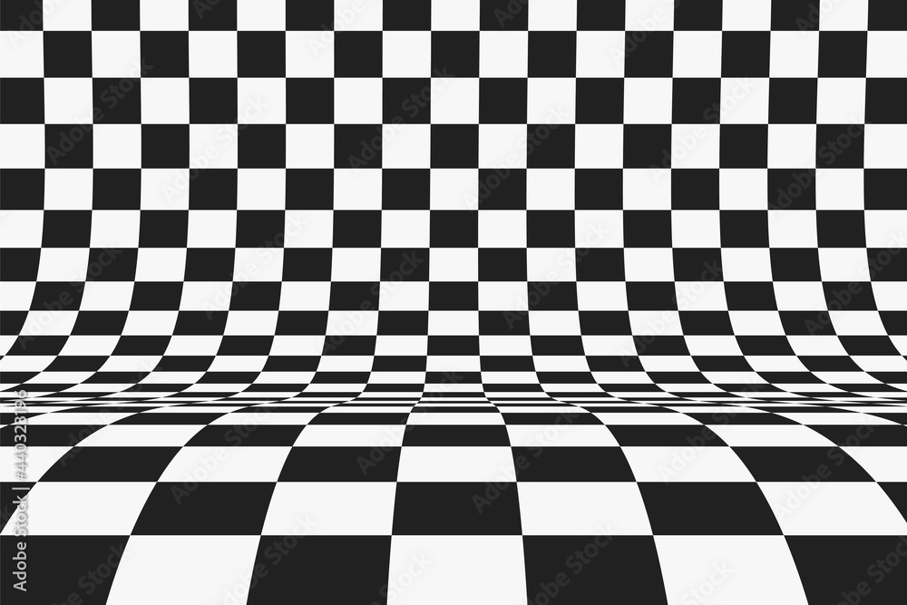 Wavy checkered surface in perspective view. Curved chess background. Wavy checkered surface in perspective view. Curved chess background.