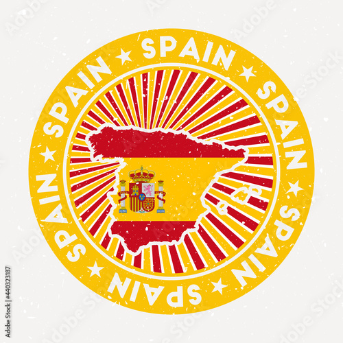 Spain round stamp. Logo of country with flag. Vintage badge with circular text and stars, vector illustration.