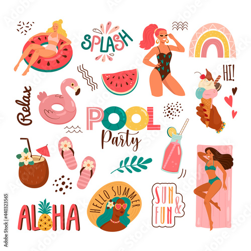 Pool party. Vector collection of young cartoon women in swimsuits in different poses, surrounded by beach accessories, drinks and food, and funny lettering. Isolated on white