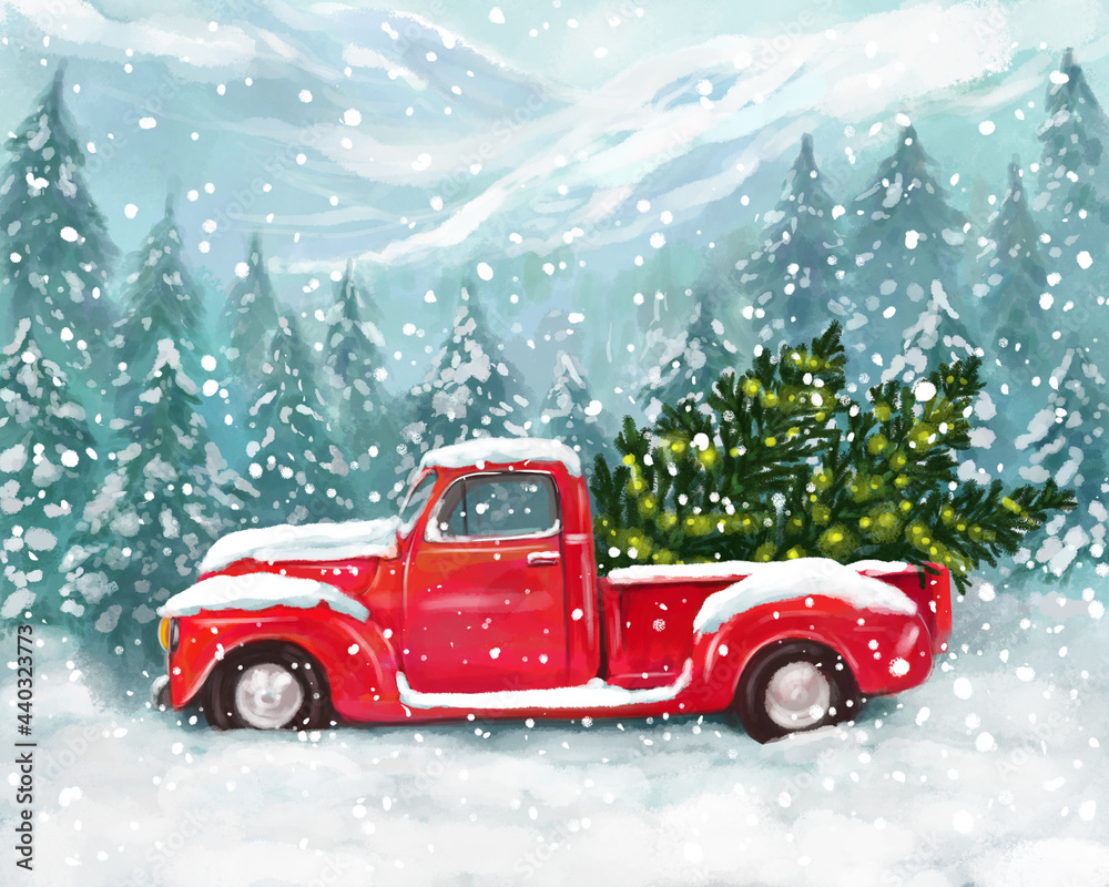 Christmas cute greeting illustration. Red pickup truck with a Christmas tree in the back against a background of forest, mountains and snowfall