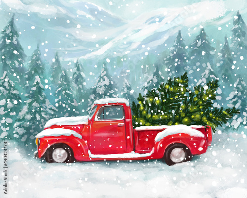 Christmas cute greeting illustration. Red pickup truck with a Christmas tree in the back against a background of forest, mountains and snowfall