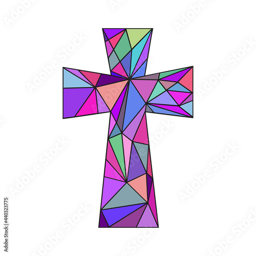 Church logo. Vector bright Mosaic cross on white background. Abstract texture. Polygonal style.