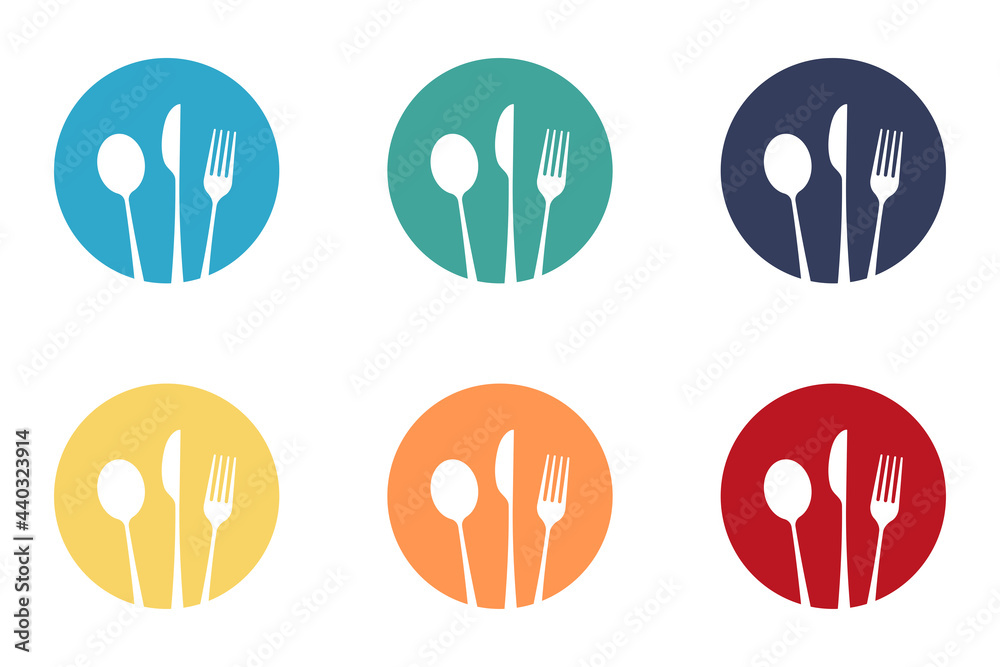 Dishes. Spoon, fork, knife and plates icons set, menu logo, cutlery silhouette. Vector illustration. Dishes. Spoon, fork, knife and plates icons set, menu logo, cutlery silhouette. Vector illustration.