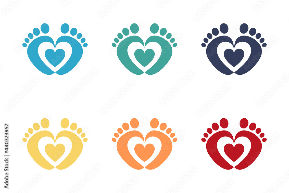 Baby foot barefoot heart icon. Set. Baby foot barefoot heart icon. Set.