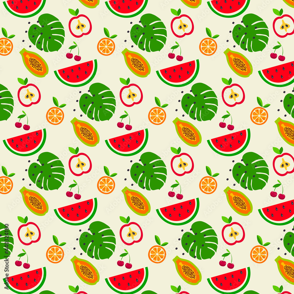  Fruit seamless pattern in hand-drawn style. Vector repeat background for colorful summer fabric and packaging