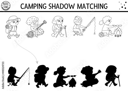 Black and white summer camp shadow matching activity with cute children. Family nature trip outline puzzle with hiking kids. Find the correct silhouette printable worksheet or coloring page. .