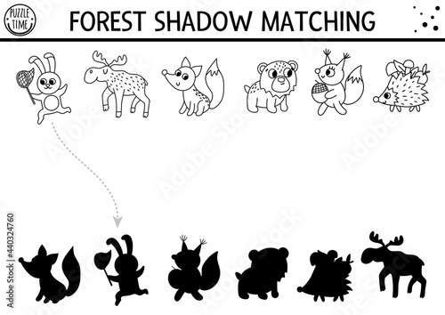 Forest or camping black and white shadow matching activity with cute animals. Road trip outline puzzle with moose, fox, bear, rabbit. Find the correct silhouette printable worksheet or coloring page