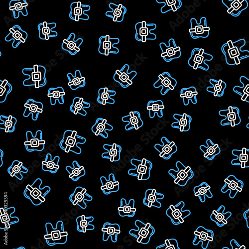 Line Teeth with braces icon isolated seamless pattern on black background. Alignment of bite of teeth, dental row with with braces. Dental concept. Vector