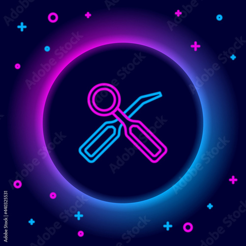 Glowing neon line Dental inspection mirror and explorer scaler icon isolated on black background. Tool dental checkup. Colorful outline concept. Vector