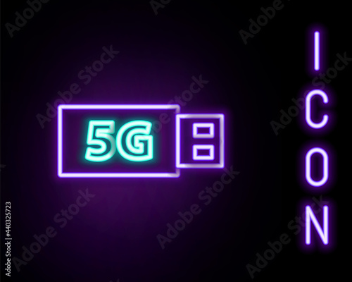 Glowing neon line 5G modem for fast mobile Internet icon isolated on black background. Global network high speed connection data rate technology. Colorful outline concept. Vector