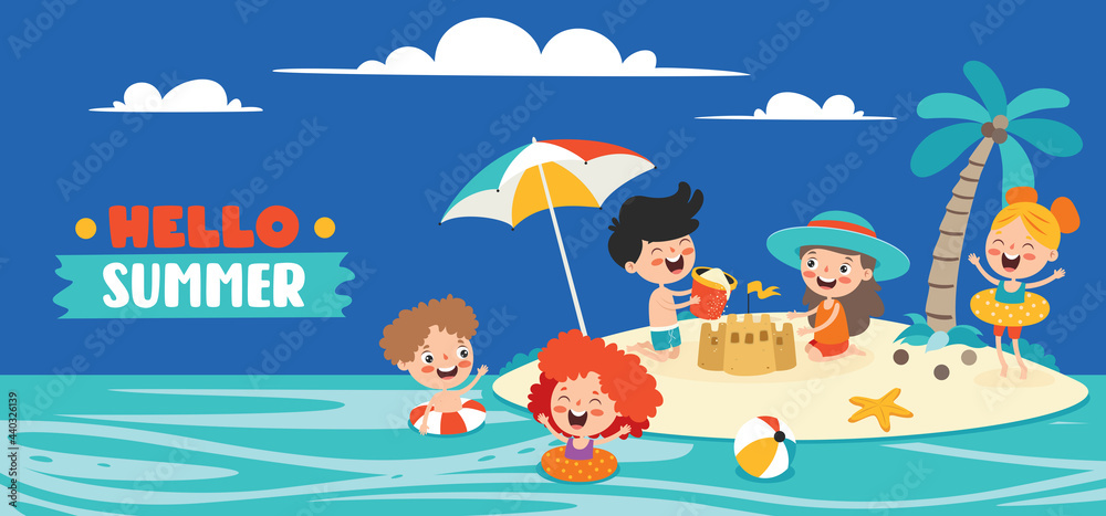 Fototapeta premium Flat Summer Banner With Cartoon Character