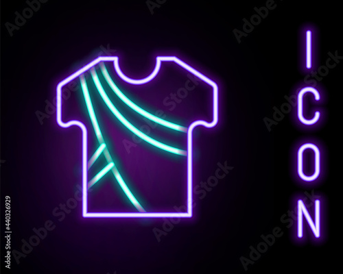 Glowing neon line Indian man dress traditional hindu clothes with long shirt icon isolated on black background. Colorful outline concept. Vector