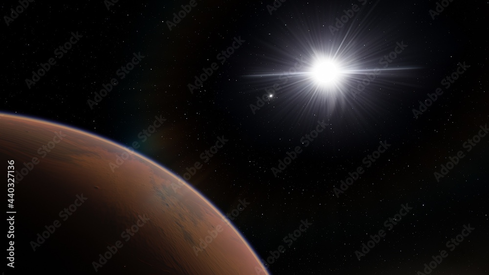 beautiful exo in space and the surface against the background of stars and galaxies in bright colors, space fantasy, space background 3d render	
