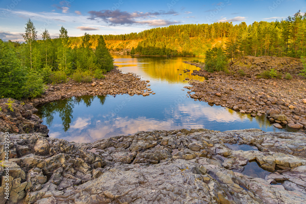 The Girvas waterfall at the time of low water in Karelia, Russia