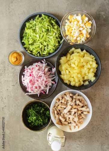 ingredients for okroshka, traditional Russian summer soup