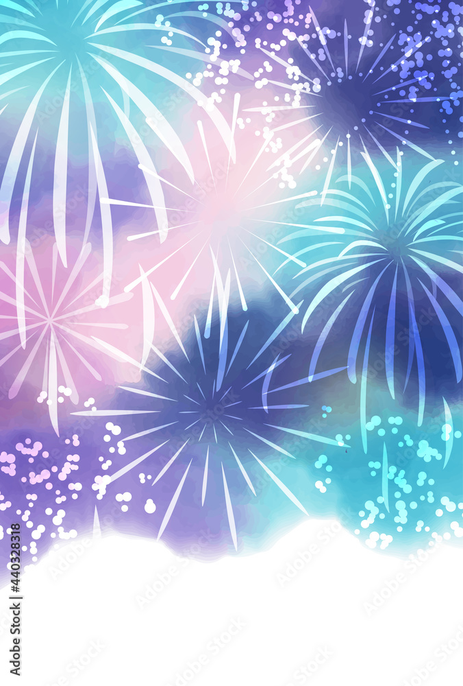 花火　夏　水彩　夜空　背景　ポストカード　縦/ Hand-Drawn Summer Fireworks Festival Postcard with Watercolor Night Sky Background - Vertical - Vector Image