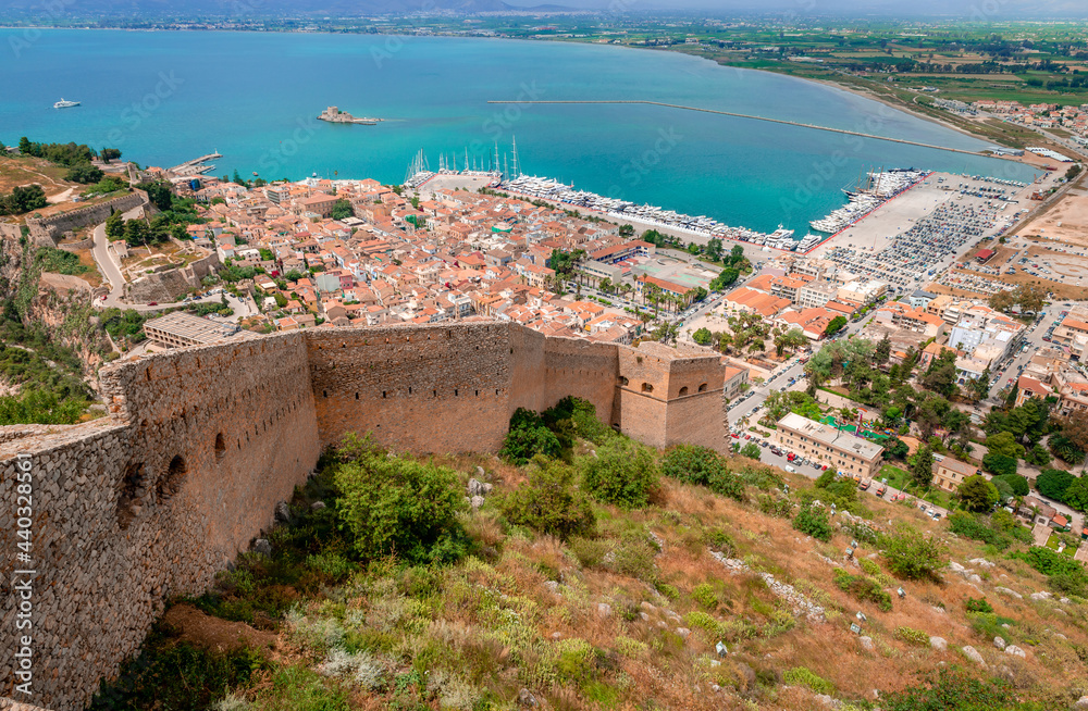 Nafpio, Greece: View of the city and the port from Palamidi. - obrazy, fototapety, plakaty 