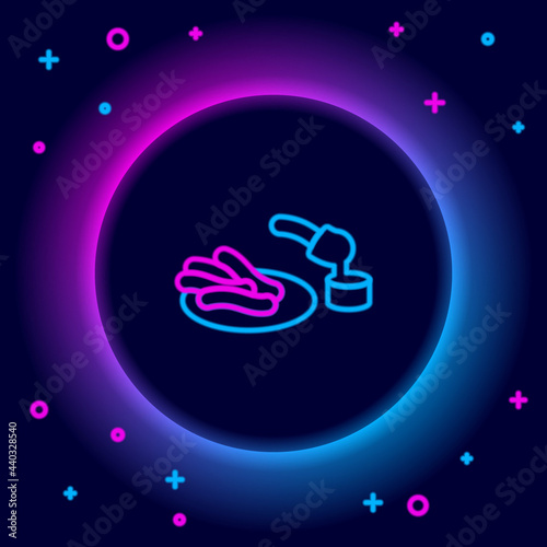 Glowing neon line Churros and chocolate icon isolated on black background. Traditional national Spain dessert, European street food. Colorful outline concept. Vector