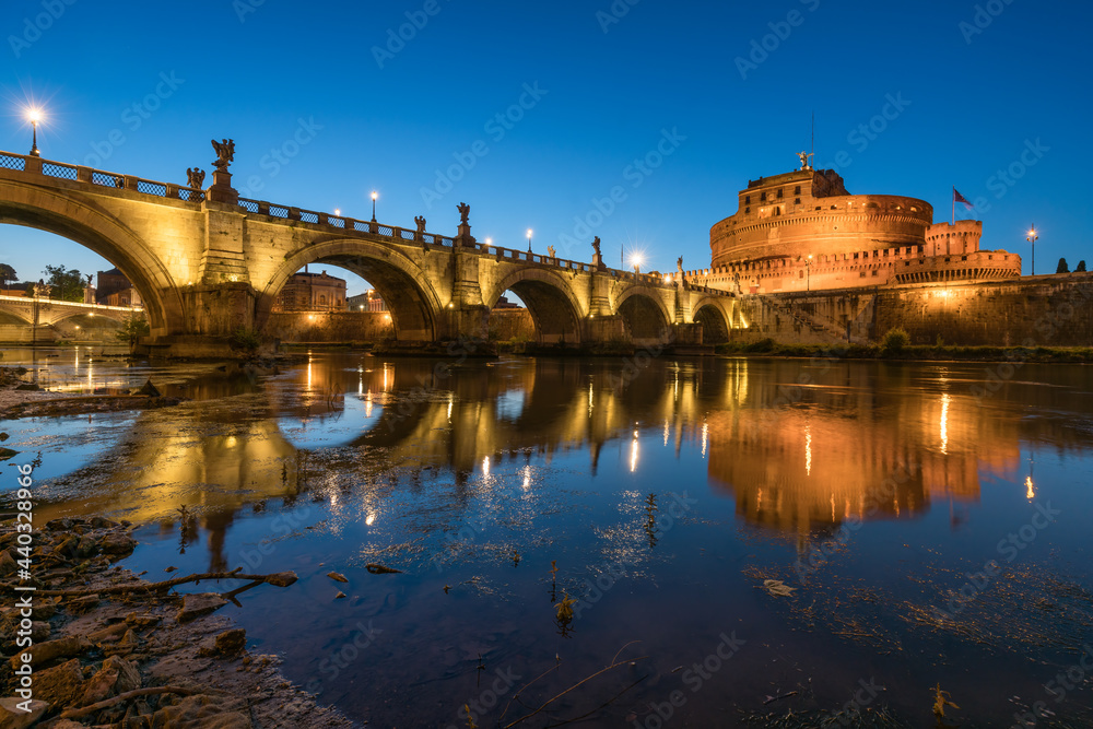 Castel Sant'Angelo and Ponte Sant'Angelo at night, Rome, Italy
