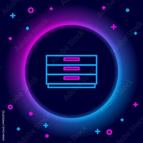 Glowing neon line Chest of drawers icon isolated on black background. Colorful outline concept. Vector