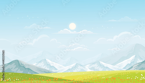 Spring landscape in countryside with green meadow on hills, blue sky,fluffy clouds and sun, Vector cartoon banner of village with grass field and wildflower in sunny Summer, Holiday natural background