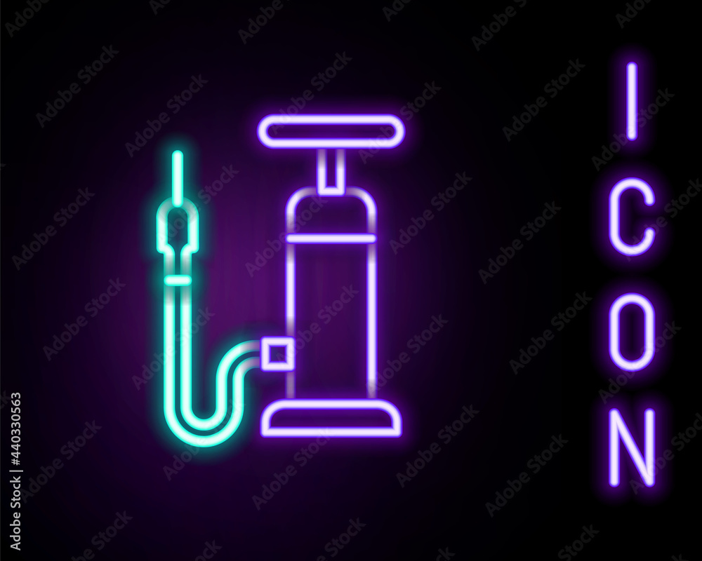 Glowing neon line Bicycle air pump icon isolated on black background. Colorful outline concept. Vector Glowing neon line Bicycle air pump icon isolated on black background. Colorful outline concept. Vector