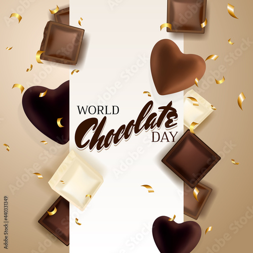 Chocolate pieces and chocolate hearts. Chocolate title. Golden confetti. Happy world chocolate day.  7 july