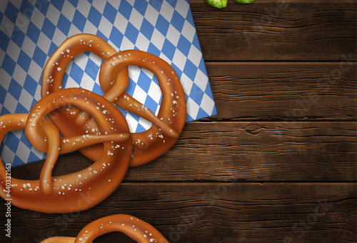 Pretzels and Bavarian ornament on a wooden background.  Highly detailed illustration.