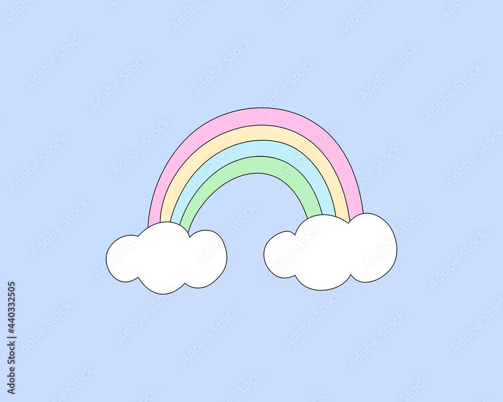 Pastel rainbow and fluffy cartoon clouds drawing, vector illustration