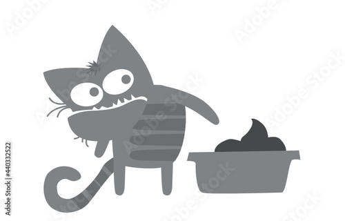 Cats life. Comic character. The gray cat unequivocally hints that it's time to clean the toilet. Vector image for prints, poster and illustrations.