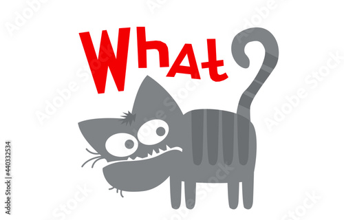 Cats life. Comic character. The gray cat raises a serious question. Vector image for prints, poster and illustrations.