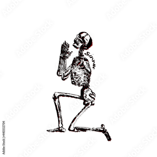 illustration of skeleton praying with the word sinner.