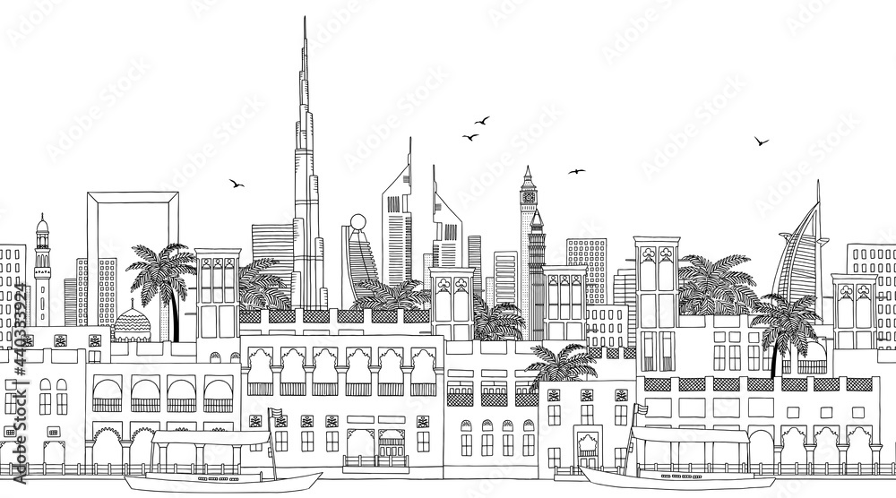 Dubai, United Arab Emirates - Seamless banner of the Dubai’s skyline, hand drawn black and white illustration