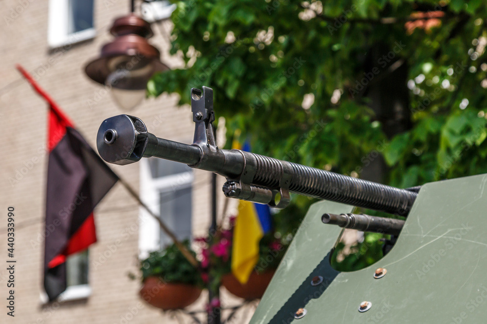 Anti aircraft machine gun mounted on an armored vehicle.machine gun barrel.Military action in the world. Anti aircraft machine gun mounted on an armored vehicle.machine gun barrel.Military action in the world.