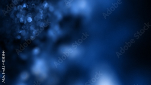 Abstract blue horizontal copy space banner background template with defocused bokeh glints. Elegant 3D illustration concept for announcement inserts and social media video blog or festive presentation
