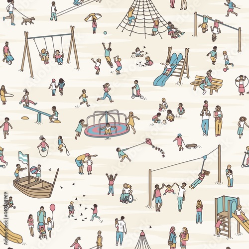 Seamless banner with hand drawn tiny children playing, running and having fun at the playground